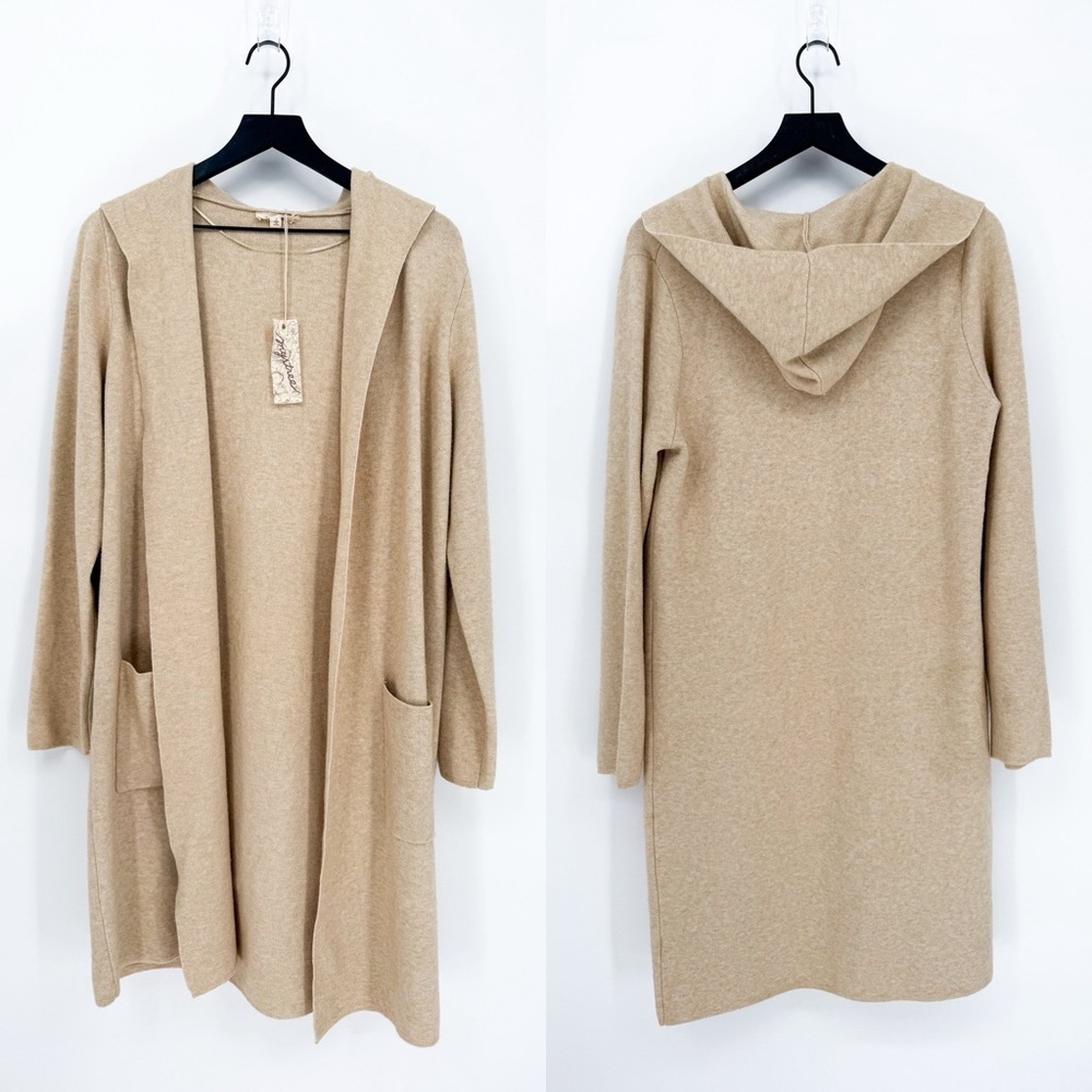 NWT Mystree Minimalist Neutral Longline Knit Hooded Open Cardigan Large - Picture 2 of 11